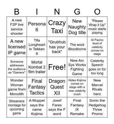 Game Awards Bingo Card