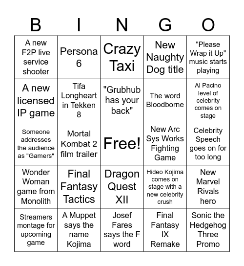 Game Awards Bingo Card