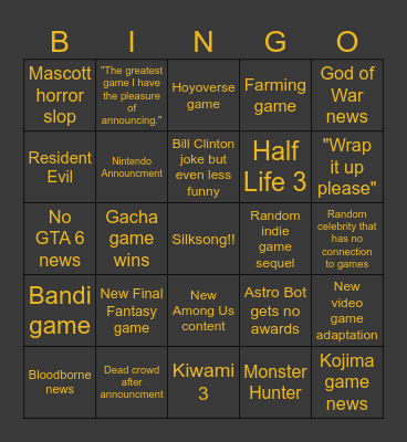 Game Awards Bingo Card