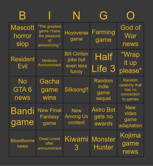 Game Awards Bingo Card