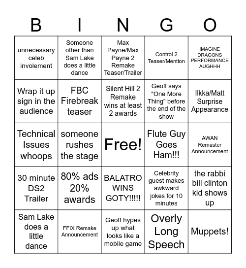 The Game Awards 2024 Bingo Card