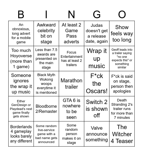 The Game Awards 2025 Bingo Card