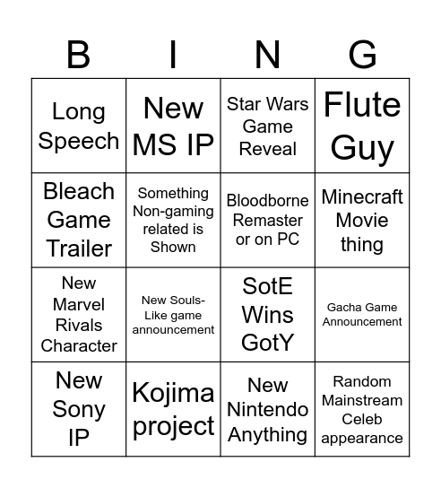 Game Awards 2024 Bingo Card