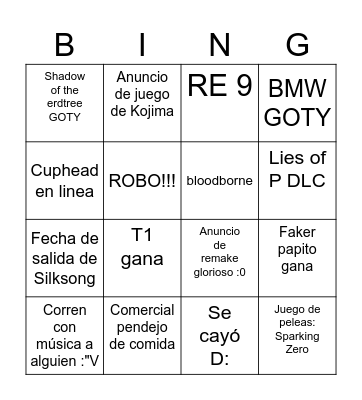 Game awards 2024 Bingo Card