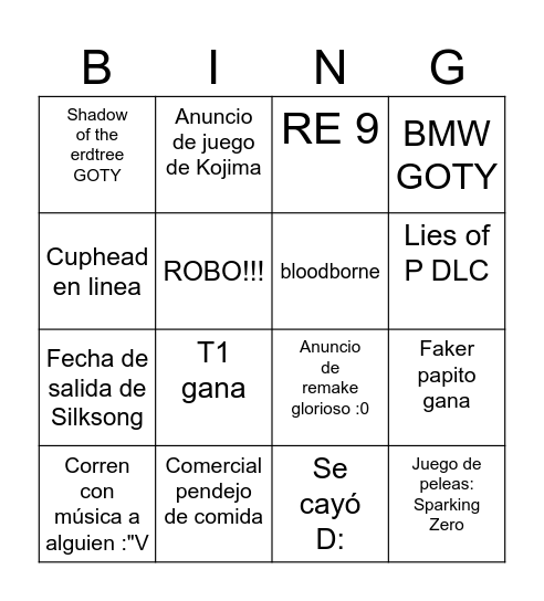 Game awards 2024 Bingo Card