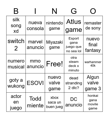 Games Award Bingo Card