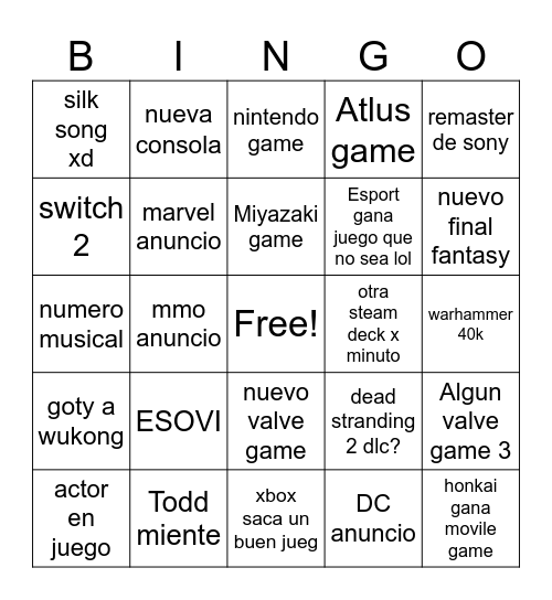 Games Award Bingo Card