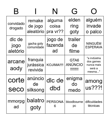 TGA CARAVELA BINGO!!!!!!!!1 Bingo Card