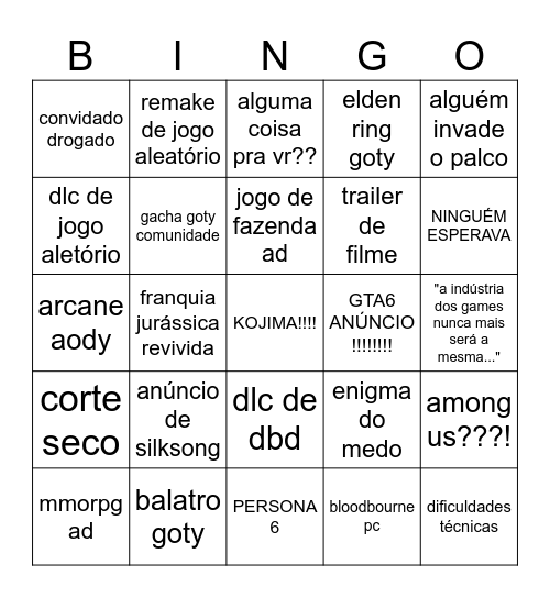 TGA CARAVELA BINGO!!!!!!!!1 Bingo Card