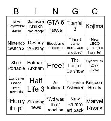 The Game Awards Bingo Card