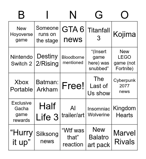 The Game Awards Bingo Card