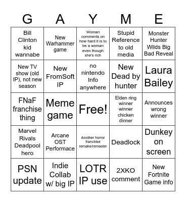 Game Awards 2024 Bingo Card
