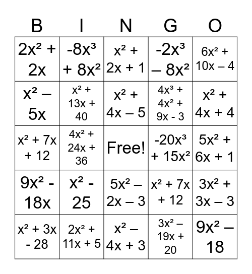 MULTIPLYING POLYNOMIALS Bingo Card