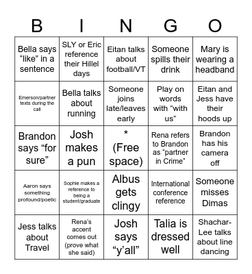 StandWithUs Campus BINGO Card