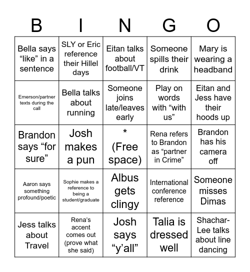 StandWithUs Campus BINGO Card