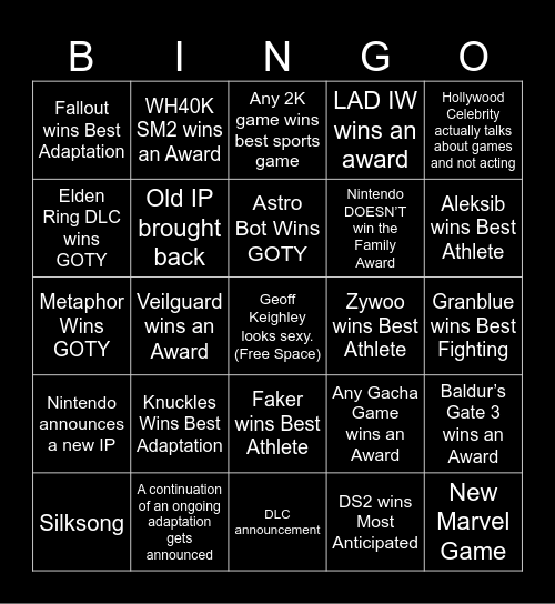 2024 Game Awards Bingo Card