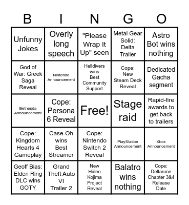 The Game Awards 2024 Bingo Card