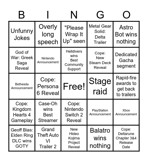 The Game Awards 2024 Bingo Card