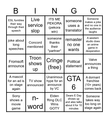Gayme Awards 2024 Bingo Card