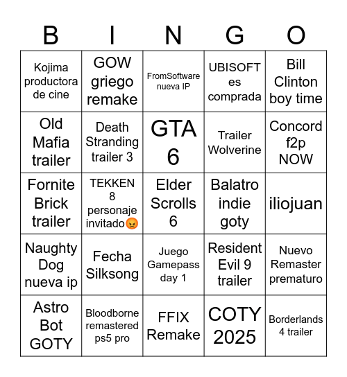 GAME AWARDS 2024 Bingo Card