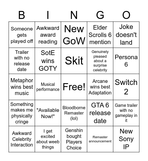 Game Awards 2024 Bingo Card