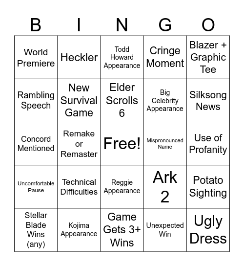 Jebstar's 2024 The Game Awards Bingo Card