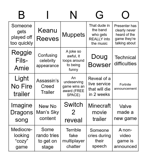 Game Awards Bingo Card