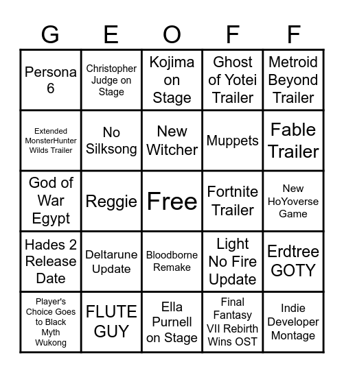 Game Awards 2024 Bingo Card