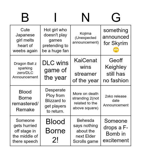 2024 Game Awards Bingo Card