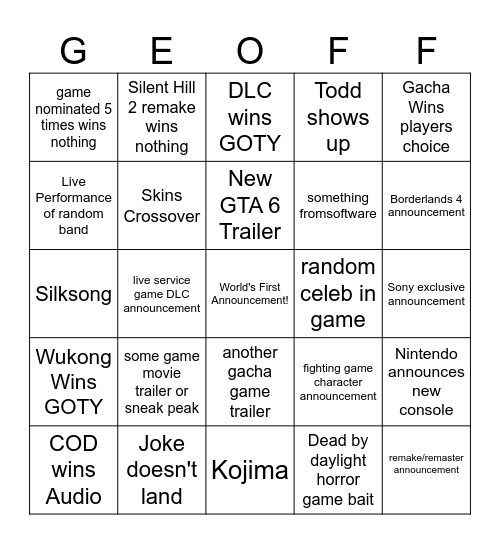 Game Awards Bingo Card