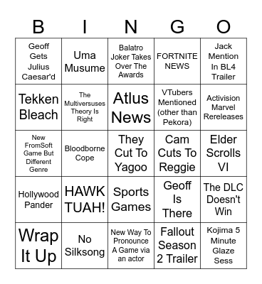 Game Awards 2024 Bingo Card