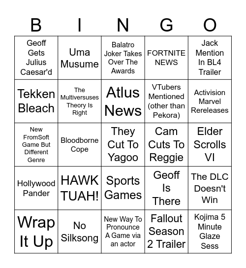 Game Awards 2024 Bingo Card