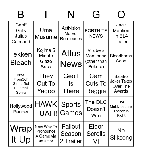 Game Awards 2024 Bingo Card