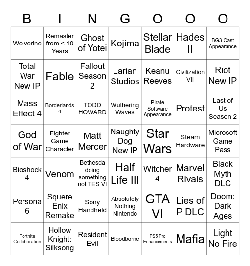 TGA 2024 Bingo Card