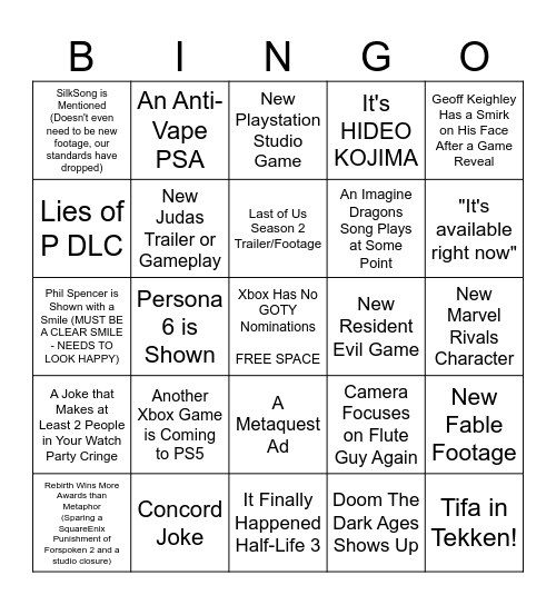 Game Awards 2024 Bingo Card