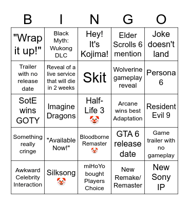 Game Awards 2024 Bingo Card