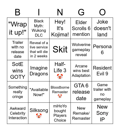 Game Awards 2024 Bingo Card