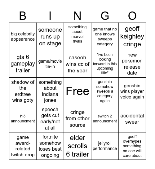 game awards 2024 bingo Card