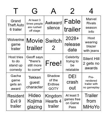 The Game Awards 2024 10th Anniversary Bingo Card