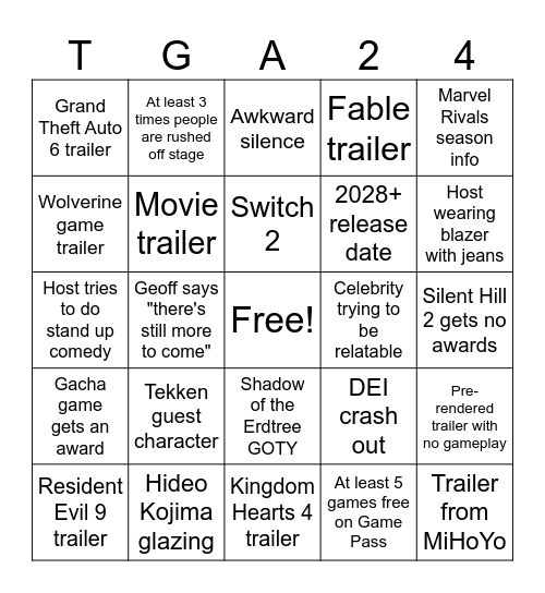 The Game Awards 2024 10th Anniversary Bingo Card