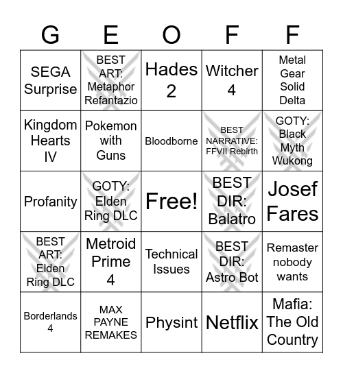 GEOFF Bingo Card