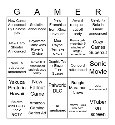 Friday Night Club Game Awards Bingo Card