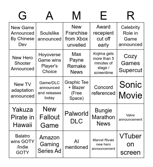 Friday Night Club Game Awards Bingo Card