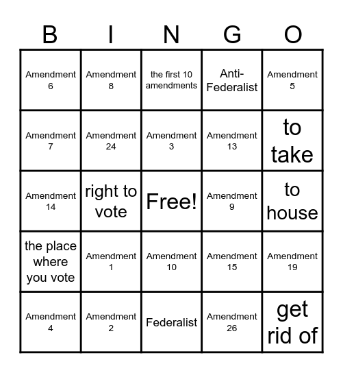 Amendment Bingo Card