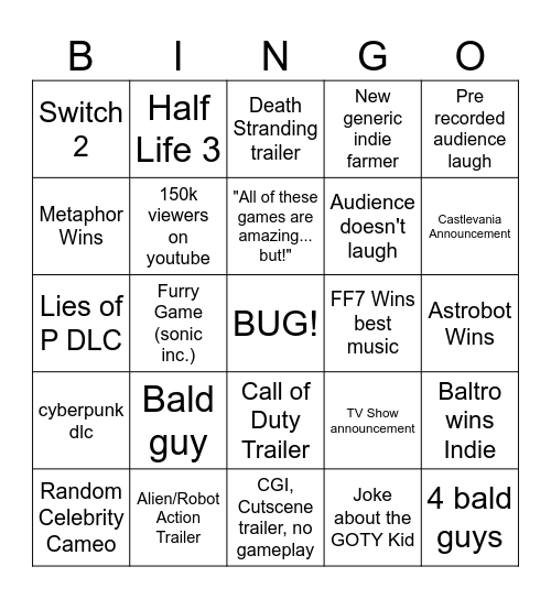 GOTY bingo Card