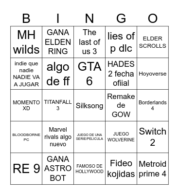 Game Awards Bingo Card