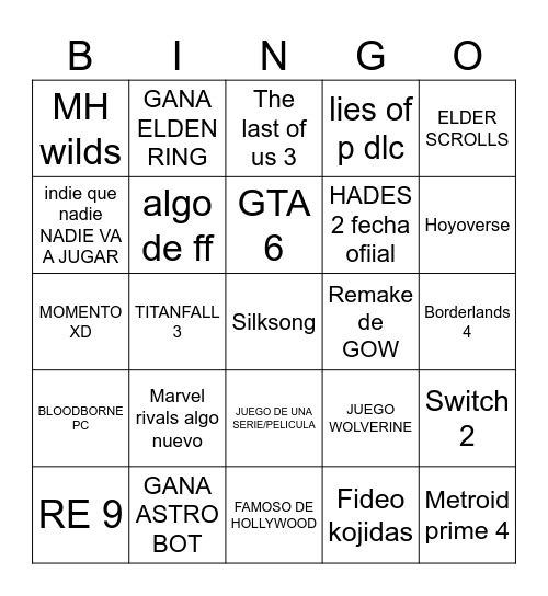 Game Awards Bingo Card