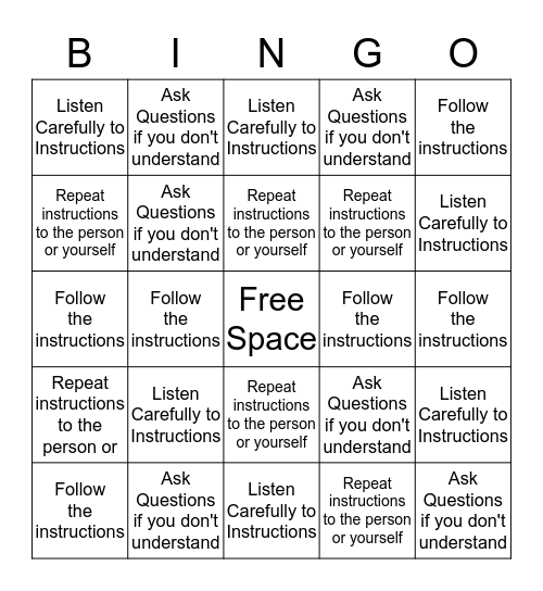 FOLLOWING INSTRUCTIONS Bingo Card