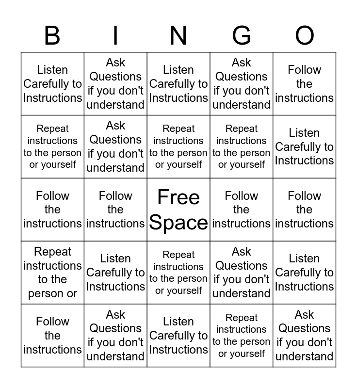 Following Instructions Bingo Card