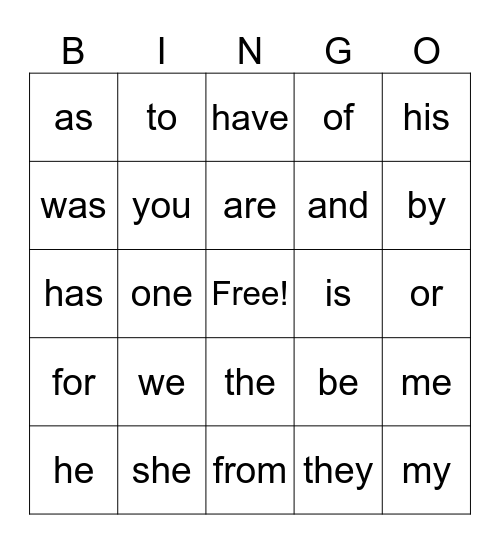 Trick Word Bingo Card